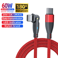Cable USB C a USB C de Carga Rápida de 60 W 3 A 180 °   Cable giratorio de nailon trenzado tipo C para carga y transferencia de datos para Apple Samsung