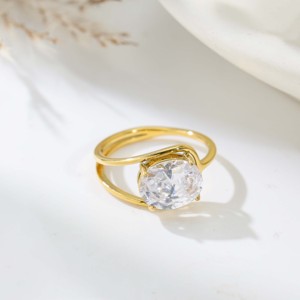 Anillo de doble banda con piedra central ovalada - Diseño hueco, elegante y versátil, ideal para ocasiones informales. - Product Image 4