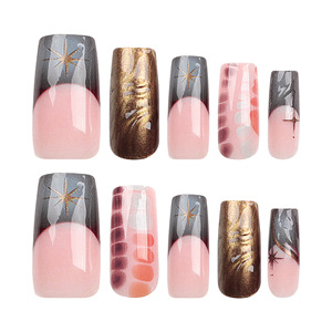 Uñas postizas cuadradas de ABS |   Uñas Postizas Color Nude y Marrón con Diseño 3D de Cocodrilo Bronceado y Detalles de Estrellas, Aplicación con <span class=keywords><strong>Dedo</strong></span>, 24 Piezas Reutilizables - Product Image 2