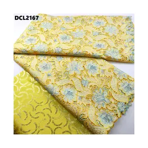 New fashion skin friendly yellow guipure lace with stones french lace fabric for wedding bridal dress chiffon laser embroidery