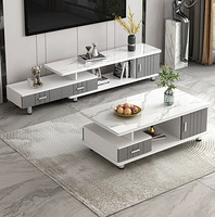 Ensemble de meuble TV et table basse extensible en bois moderne, écologique et durable, avec plateau brillant gris et blanc pour salon