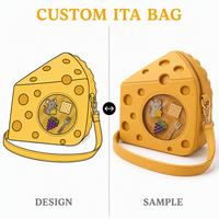 Sac à main personnalisé en forme de fromage avec trou circulaire encastré, texture texturée, fenêtre transparente bombée, fermoir pivotant et sangle réglable
