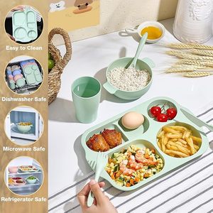 ชุดอาหารเย็นจากฟางข้าวสาลี 24 ชิ้น ชุดช้อนส้อมจานชามแบบไม่แตกหัก รวมถึงจานแบ่งสำหรับเด็ก ชาม ถ้วย ช้อน มีด ส้อม - Product Image 5