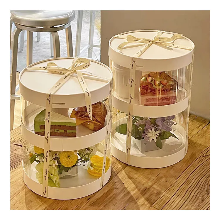 Flower Gift Exhibition Round Single Layer Double Layer Heightening Baking Cupcake Packaging Transparent Cylindrical Cake Box