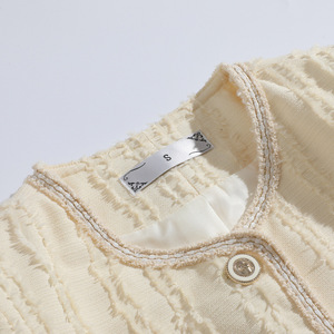 Women's Beige Tweed Blazer Long Sleeve Solid Color Stripes And Checks Woven Fabric Spring Autumn Wear - Product Image 3