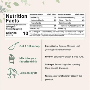 Poudre de feuilles de Moringa biologique de qualité alimentaire, stimulant énergétique pour les smoothies, le thé et les entraînements, emballée en fût et en bouteille - Product Image 3