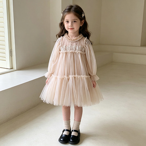 Abiti per Bambine 2-7 Anni, Vestito da Festa di Compleanno con Maniche Lunghe e Inserti in Tulle, Abiti da Principessa per Bambine, Vendita all'Ingrosso Autunnale - Product Image 1