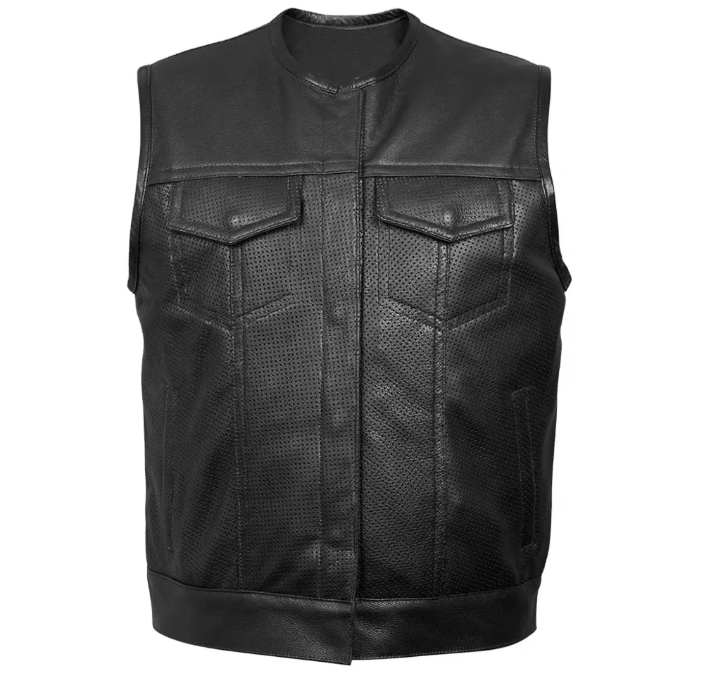 New Men Profession elle Motorrad-Leder weste Perforiertes schwarzes Leder Kuhhaut Biker weste mit individuellem Logo