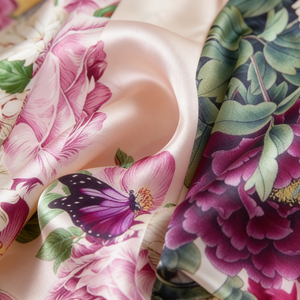 Foulard en <span class=keywords><strong>Soie</strong></span> <span class=keywords><strong>de</strong></span> Mûrier 100% Personnalisable 175*53cm, Vente en Gros, Collection Printemps-Été 2026, Imprimé Pivoine Violette et Papillon, Faible MOQ - Product Image 2
