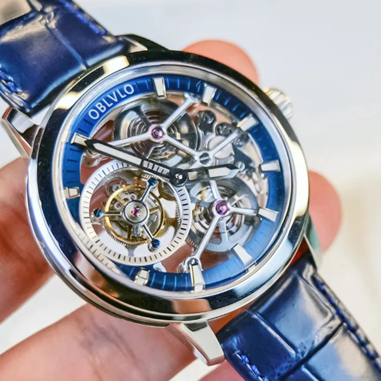 맞춤형 프리미엄 대형 다이얼 블루 페이스 투르비용 스켈레톤 시계 럭셔리 기계식 사파이어 크리스탈 시계 45mm 제조업체