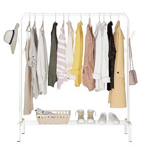 Minimalist Standing Metal Clothing Rack With <b>Shoe</b> Shelf And Basket <b>Storage</b> For <b>Wardrobe</b> Use Height Adjustable Double Tier Design - Product Image 1