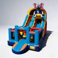 Structure gonflable à double toboggan sur le thème de l'éléphant de cirque, en PVC écologique, marque DST, couleurs personnalisées, logo, garantie 3 ans, pour enfants