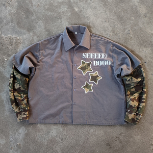 Thời trang đường phố tùy chỉnh mùa hè tương phản hai lớp tay áo của nam giới áo sơ mi ngụy trang thêu vá cổ điển t Áo Sơ Mi Nam - Product Image 1