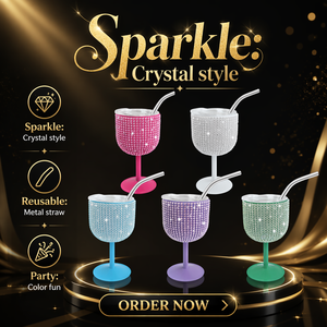 Calice da Vino Scintillante da 4oz con Strass, Cannuccia e Coperchio, Mini Bicchiere in Acciaio Inox per Bar Boutique, Spedizione Rapida - Product Image 1