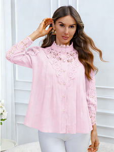 Blusa de Encaje Elegante y Sencilla Estilo Coreano para Mujer, Primavera/Verano 2026, 100% Algodón, Manga Larga, Tejida, Disponible en EE. UU. - Product Image 4