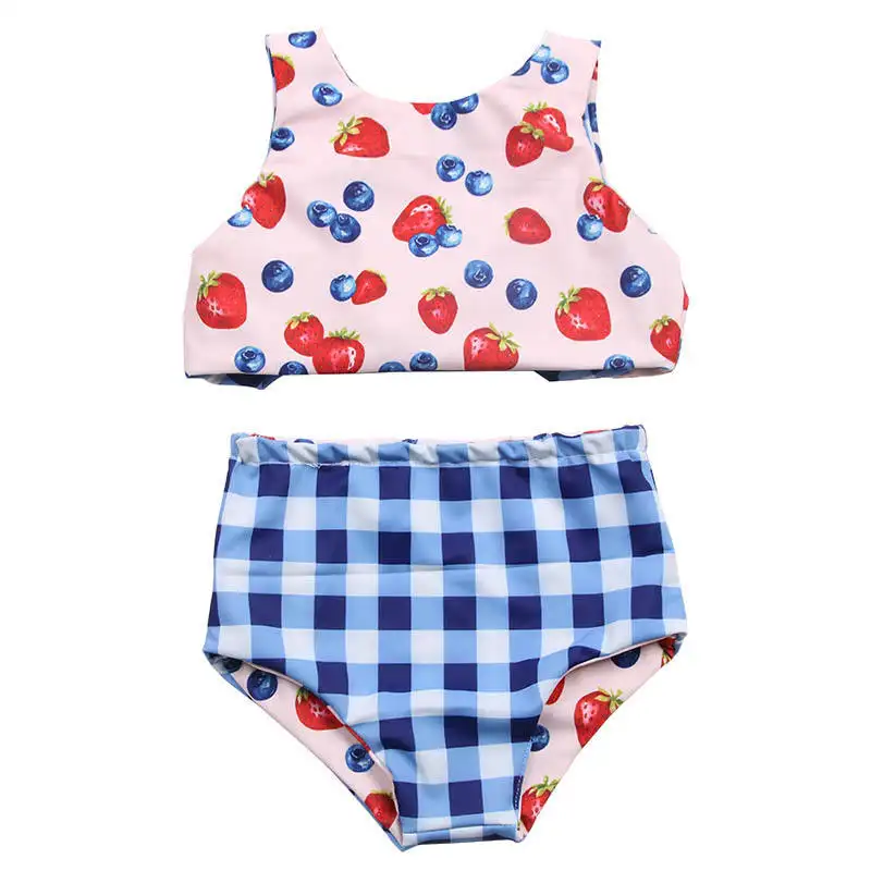 Factory Direct Sale Kids High Quality Swimsuit Strawberry Blueberry Plus Blue Plaid Swimsuit Girl Bikini