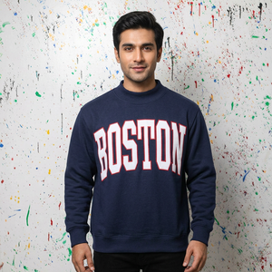BOSTON <b>NAVY</b> BLUE Hooded Sweatshirt WHITE Applique Embroidery Wide Neck CLUSH SPORTS 100% Cotton Winter Oversized - Product Image 1