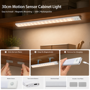 30cm Motion Sensor Cabinet <b>Light</b> <b>LED</b> Under Cabinet Lamp Magnetic 3 Color Stepless <b>Dimmable</b> Wireless Portable - Product Image 3