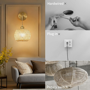 Lampe murale en bambou de style asiatique, E27 LED, abat-jour ambré, à fixer au mur, pour salon, chambre, hôtel - Product Image 3