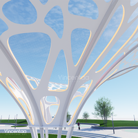 Sculpture d'arbre en métal coloré ajourée et perforée Vincentaa avec abri intégré et sièges intégrés pour place publique et parc