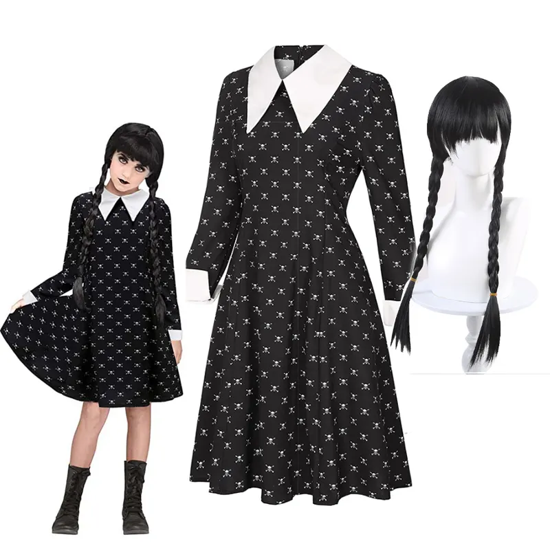 Halloween Kids Girls Long Sleeve Cosplay Party Costume Wednesday Addams Costume HCTS-020