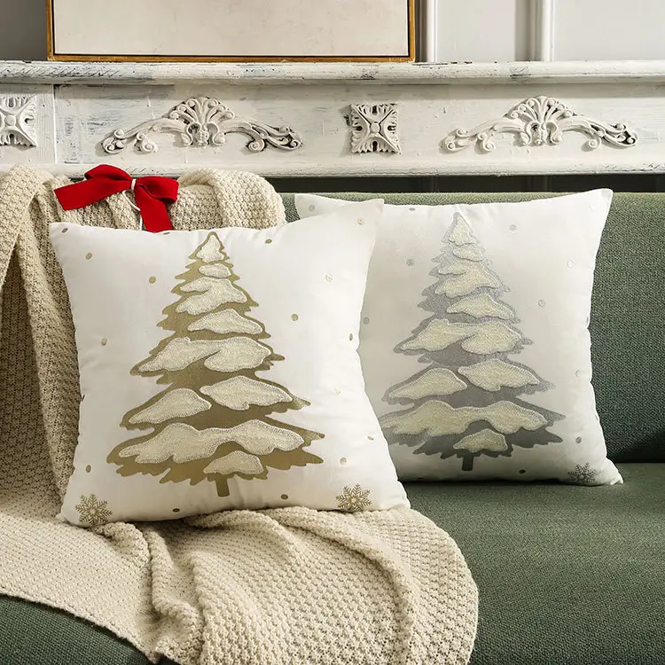 Рождественские наволочки в виде сосновой елки, новогодние снежинки, вышитые диванные подушки для украшения дома, Рождественская Подушка 18x18 дюймов