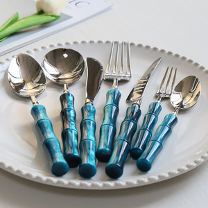 Shiny-Jh Bamboo Joint 304 Stainless Steel Cutlery Set With <b>Mirror</b> Polished Knife Fork Spoon For Dining - Product Image 3