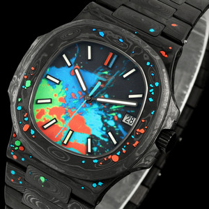 Montre-bracelet tendance en fibre de carbone à texture camouflage, cadran en cristal saphir, mouvement mécanique, résistante à l'eau, affichage du calendrier - Product Image 2