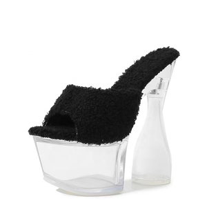 Crystal Thick High Heel Shoes Summer Sexy <b>Sandals</b> for Lady Outdoor Slides Slip-on Round Toe Soft Fur Slipper - Product Image 3