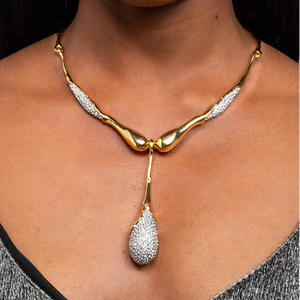 Collana Girocollo di Lusso di Alta Qualità a Forma di Y Massiccia Placcata in Oro Fuso con Cristallo a Goccia Gioiello Unico per Feste di Matrimonio - Product Image 5