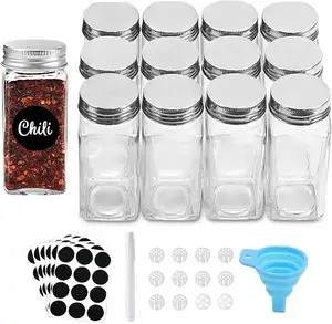 12pcs 4oz Glass Spice Jars with Airtight Metal Caps Empty Square Spice Containers & Spice Labels Herb & Spice Tools Shaker Lids