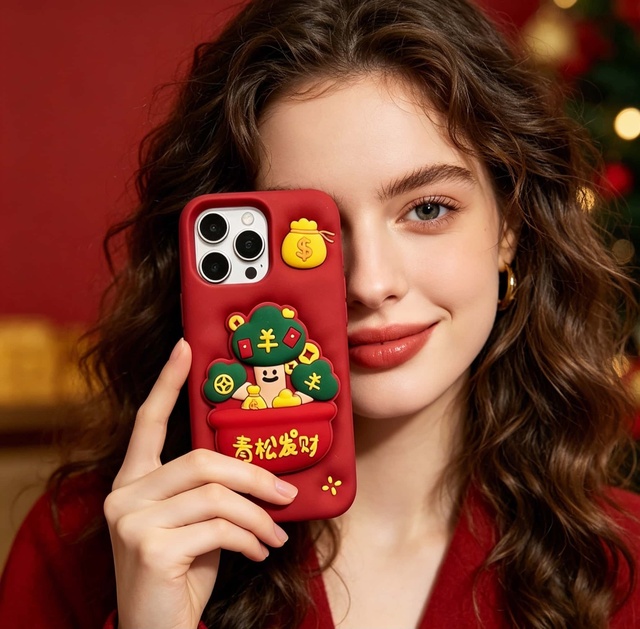 Wholesale New Year Lucky Tree Stand Real Silicone Cartoon Design Camera Frame Holder Phone Case for 13/14/15/16 Series