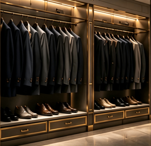 Luxury Bespoke Menswear Store Interior Design <b>Walnut</b> Antique Bronze Brushed Stainless Steel Eco-Friendly Heavy Duty Full Set - Product Image 3