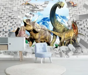 Papel de parede infantil do quarto 3d do dinossauro, papel de parede impresso digital personalizado, tijolos