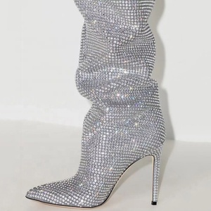 Bling Super Wide Top Women Over Knee High <b>Boots</b> Pointed Toe Shoes Long Booties Stilettos Full Diamonds High Heels - Product Image 4