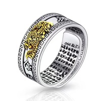 Bague de protection Pixiu Mantra, ajustable, en argent thaïlandais rétro, avec crapaud doré et Sutra du Cœur, style punk Feng Shui, pour femmes et hommes