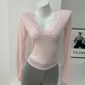 2025 di Brandy BM da <span class=keywords><strong>donna</strong></span> Casual semplice in pizzo a collo a V t-shirt a maniche lunghe Sexy Versatile canottiera per la primavera estate colore puro - Product Image 5