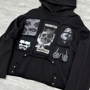 เสื้อมีฮู้ดผ้าฝ้ายสีดำสุดหรูจากดีไซเนอร์เสื้อมีฮู้ดปักลายงานเย็บปะติดแบบบ็อกซี่มีไหล่โอเวอร์ไซส์ - Product Image 5