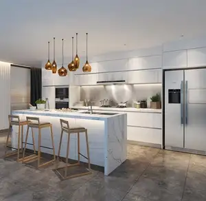 Modern high end kitchen with waterfall island design white high gloss lacquer wooden cabinets kitchen