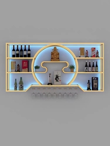 Espositore da Parete per Bottiglie di Vino in Legno Massello e Acciaio Inossidabile Dorato, Arredamento per Casa, Ristoranti e Bar - Product Image 2
