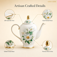 Service à thé en porcelaine fine Camélia Blanc avec bordure dorée, style Moyen-Orient, portable, comprenant théière, tasses, soucoupes, sucrier, crémier, support à gâteau, cuillère et coffret cadeau