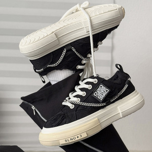 Chunky <b>Canvas</b> Sneakers White <b>Round</b> Toe Lace Up Chunky Sole With Chain Detail All Seasons Walking Style Shoes - Product Image 2