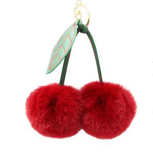 Porte-clés en peluche doux et gaufré, motif lapin de dessin animé 3D, avec mini boule de fourrure cerise, grande taille, accessoires pour sacs à main et pendentifs - Product Image 1