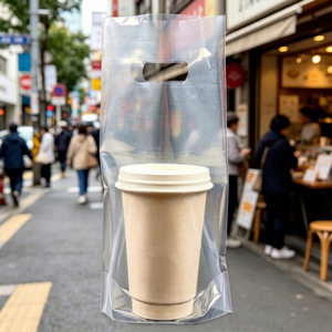 ถุงใส่เครื่องดื่มแบบนำกลับบ้านสำหรับร้านอาหาร ชานม กาแฟ น้ำผลไม้ เยลลี่  แบบกันรั่วซึม  พร้อมโลโก้สั่งทำได้  สำหรับใส่แก้วเดี่ยวหรือแก้วคู่ - Product Image 1