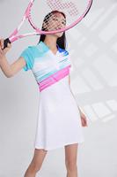 Gaun Bulu Tangkis Wanita Custom Putih Pink Biru Gradasi Kerah Tegak Sublimasi Cepat Kering Rok Olahraga Tenis Satu Potong