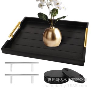 <b>Large</b> black wooden <b>tray</b> with metal handle, suitable for home use, decoration, storage, and hotel use, including fruit and snack - Product Image 1