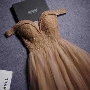 חרוזים למעלה קפה צבע בתוספת גודל קו נצנצים טול כבוי כתף המפלגה שמלות שושבינה שמלות - Product Image 4