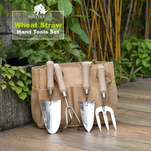 Gardening Set Tools Promotion Durable Wheat Straw Handle Stainless Steel Metal Small Garden Trowel Hoe Fork Gardening Tools For Women Gift Sets