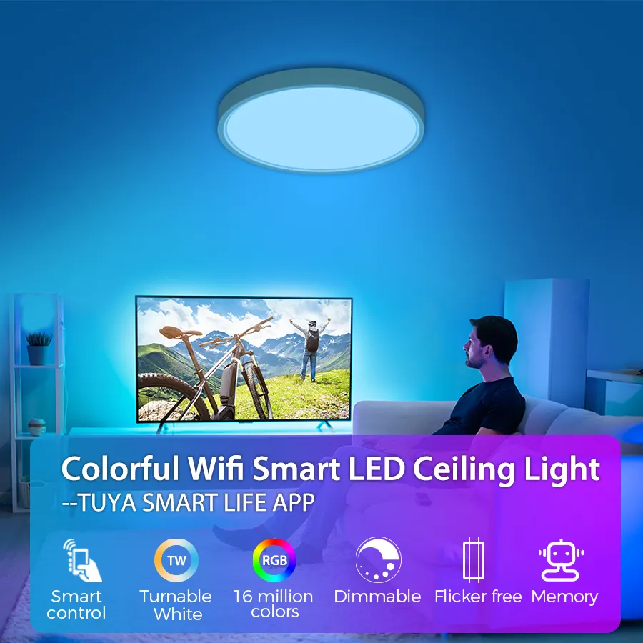 Tuya Alexa การช่วยเหลือจาก Google ไฟ LED อัจฉริยะที่ทันสมัย 24W RGB ไฟเพดาน LED สีสันสดใส