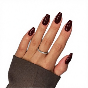 CANNY CLUB <span class=keywords><strong>Faux</strong></span> ongles à presser rouge bordeaux, forme cercueil moyen, rouge foncé, avec colle, pour femmes, style ballerine, en acrylique, faits à la main - Product Image 3